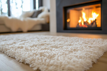 Cozy living room with a plush white rug in front of a glowing fireplace, enhancing warmth and comfort