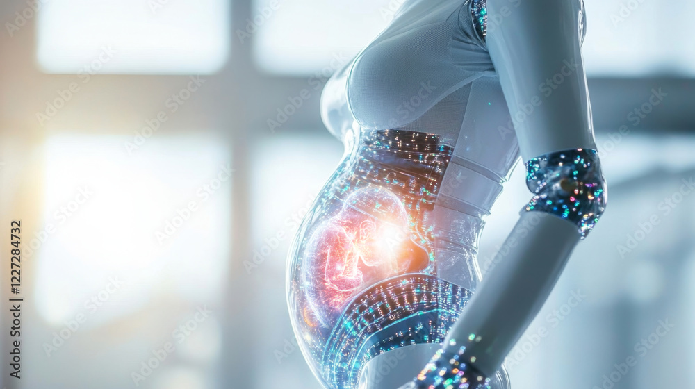Aufkleber this artwork presents a futuristic depiction of pregnancy, showcasing a digital figure with a visibl