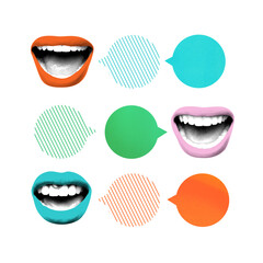 Modern artwork. Colorful lips with speech bubbles in various colors and patterns represent abstract...