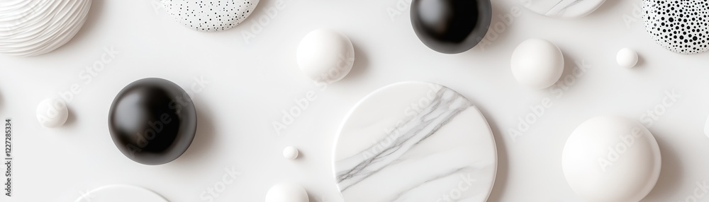 Poster abstract composition displays an array of black and white objects in varying shapes and sizes, creat
