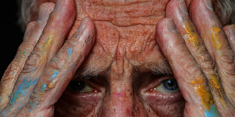 Obraz premium Close-up Portrait of Elderly Man with Paint-Stained Hands