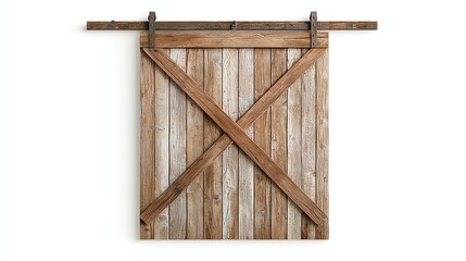 A rustic wooden sliding barn door with a weathered finish, featuring diagonal braces and metal...