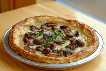 A delicious mushroom tart with a golden crust, garnished with fresh herbs, served on a wooden table, showcasing culinary artistry.