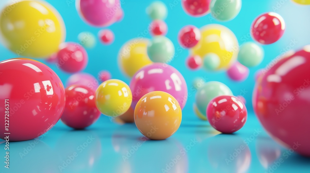 Wall mural 3d rendering of a colorful array of glossy spheres suspended in mid-air against a blue background.