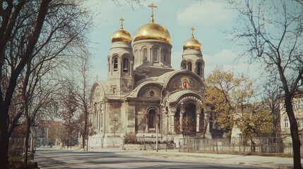 Fototapeta premium Elegant Cathedral with Golden Domes Stands Tall Among Trees