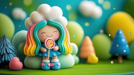 Obraz premium A cheerful, colorful character with rainbow hair holds a lollipop, surrounded by pastel trees and fluffy clouds in a vibrant, playful landscape.