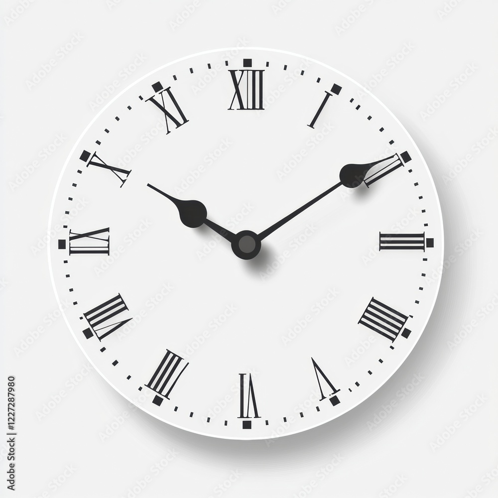 Poster Classic round clock showing time just past three oclock with Roman numerals on a clean white background. Generative AI