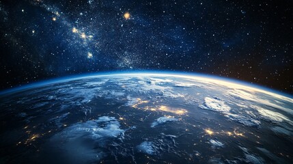 Obraz premium Satellite view of Earth from space showcasing atmospheric layers, including the stratosphere and curvature of the planet, with a focus on environmental and scientific exploration
