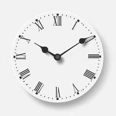 Classic round clock showing time just past three oclock with Roman numerals on a clean white background. Generative AI