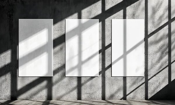 Three Blank White Canvases on Gray Concrete Wall with Window Light Shadows