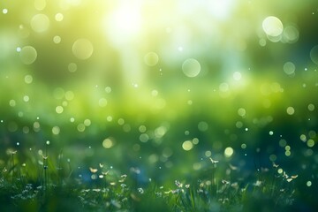 Obraz premium Green grass and flowers with soft focus bokeh and sunlight create a beautiful natural background