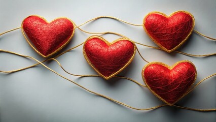 Red hearts intertwined with golden thread, love unity, relationship, love unity