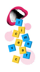 Modern artwork. Large pink lips with scattered lettered blocks symbolize speech, expression, and...