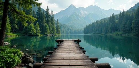 Fototapeta premium Lonely wooden bridge spans serene forest lake, nature, solitude