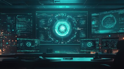 A computer monitor displays a green circle with a lot of numbers and letters