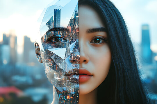 Blend of technology and humanity in a futuristic urban landscape - Powered by Adobe