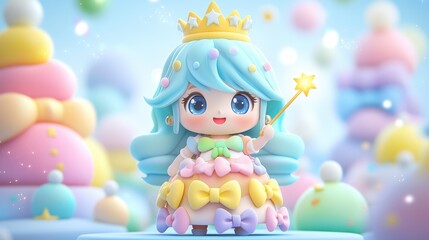Fototapeta premium A whimsical, pastel-colored character with blue hair and a crown, surrounded by colorful desserts in a dreamy setting.