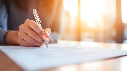 Woman's hand carefully signs a loan document, a close-up shot revealing her focused attention to detail and commitment.