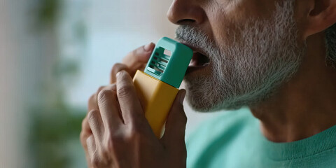 Man Using a Teal and Yellow Medical Breath Device