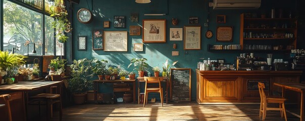 Sunlit Green Cafe Interior: A Serene Coffee Shop Atmosphere