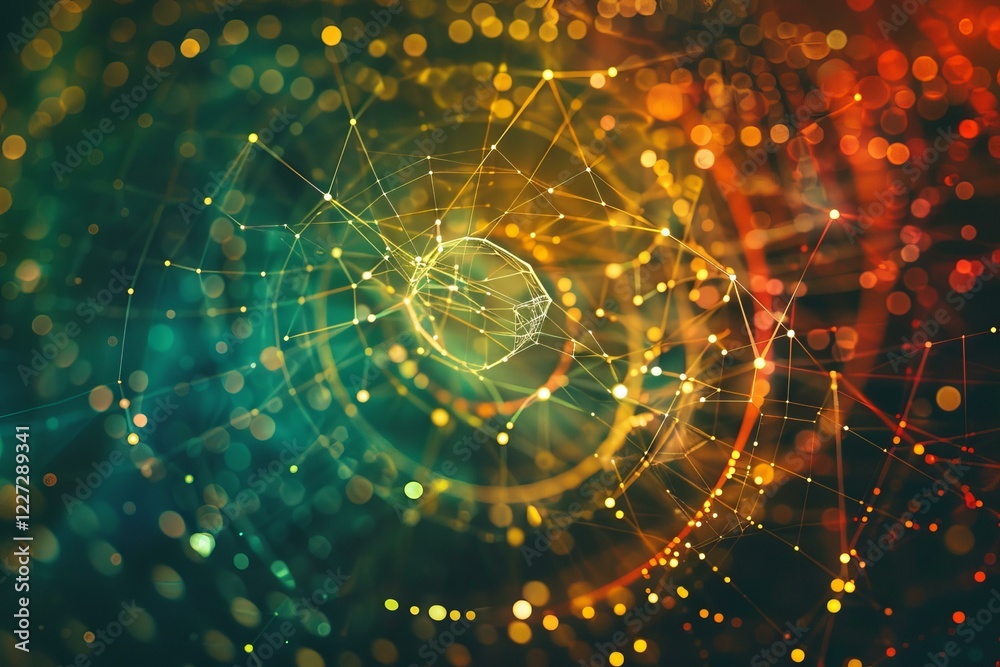 Wall mural abstract network is connecting points of light forming a sphere on a green and orange background