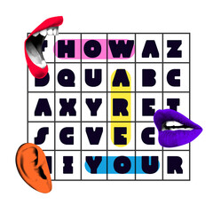 Creative art collage. Surreal word puzzle with colorful lips and ear represents decoding, speech,...