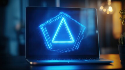 A laptop screen shows a blue triangle with a blue line on it