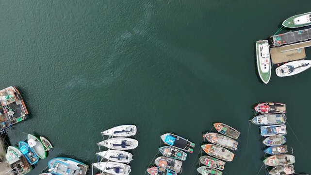 Aerial view of vessel and ferry in Greencastle County Donegal, Ireland