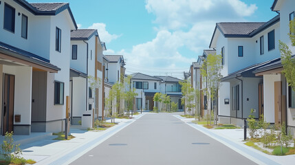緑あふれる現代的な住宅街の白い家並み