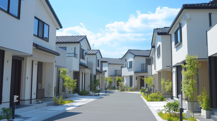 緑あふれる現代的な住宅街の白い家並み
