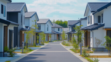 緑あふれる現代的な住宅街の白い家並み