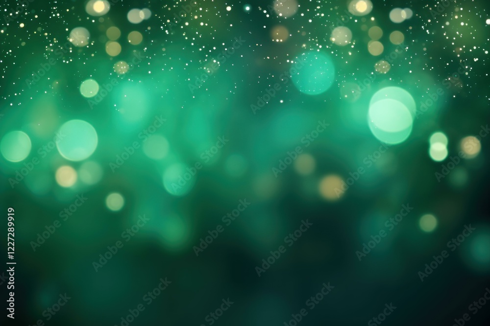 Poster abstract blurred bokeh lights background in emerald green with sparkling particles creating a magica