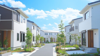緑あふれる現代的な住宅街の白い家並み