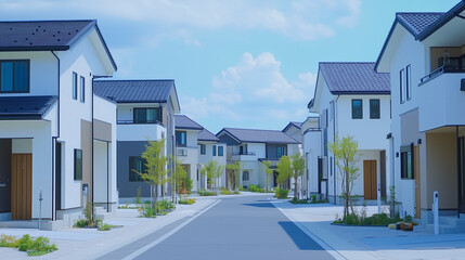 緑あふれる現代的な住宅街の白い家並み