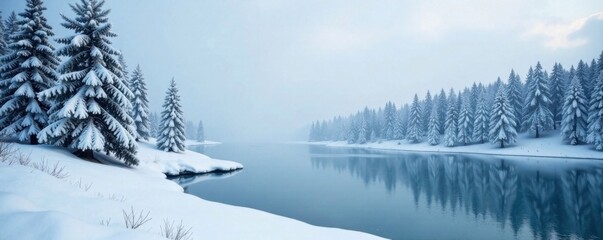 Snow-covered trees surrounding a frozen lagoon, nature, stillness