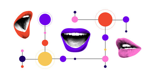 Creative art collage. Vibrant lips linked by abstract geometric nodes form surreal visualization of speech, social connections, and digital network of communication. Concept opinion, active listening.