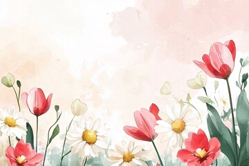 Vibrant watercolor illustration of blooming flowers in a serene garden setting with soft pastel background