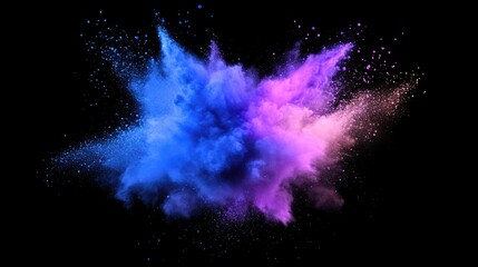 Illustration depicting an explosion of blue aqua and violet dust in freeze motion capturing the dynamic movement of color powder exploding