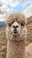 Obraz premium HD Phone Wallpaper Adorable Fluffy Alpaca Close Up Portrait in Mountain Pasture