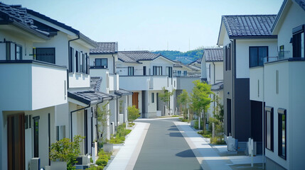 緑あふれる現代的な住宅街の白い家並み