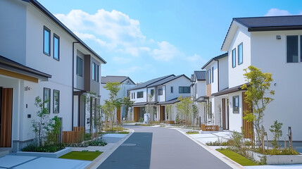 緑あふれる現代的な住宅街の白い家並み