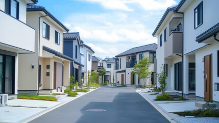 緑あふれる現代的な住宅街の白い家並み