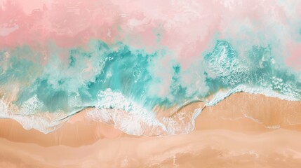 Fototapeta premium Aerial View of Turquoise Ocean Waves Crashing on Pink Sandy Beach