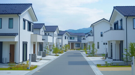 緑あふれる現代的な住宅街の白い家並み