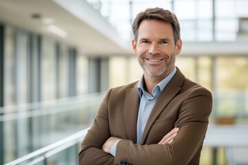 portrait of successful senior businessman consultant wearing mocha soft brown suit, looking at camera and smiling inside modern office building