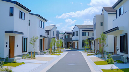 緑あふれる現代的な住宅街の白い家並み