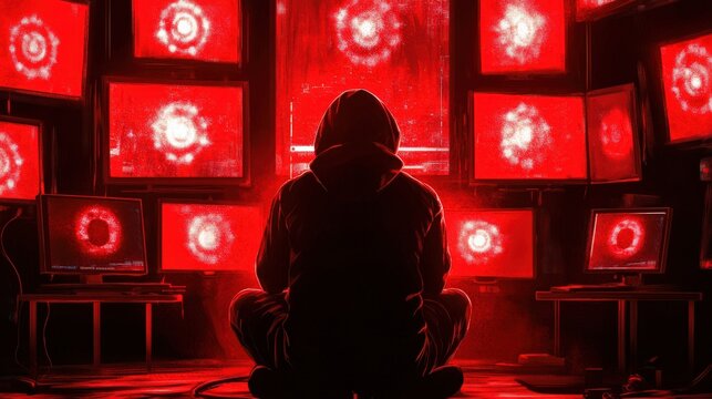 A man is sitting in front of a computer monitor with a red background