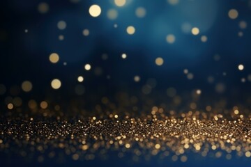 Golden glitter sparkles on a dark blue background, creating a luxurious bokeh effect, perfect for festive designs