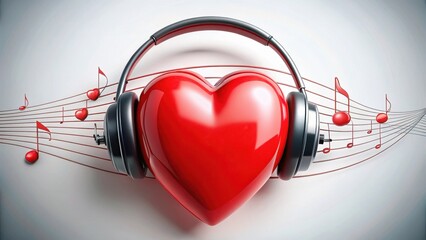 A stylized red heart beats in sync with music notes and headphones, creating a harmonious fusion of love and sound , rhythm
