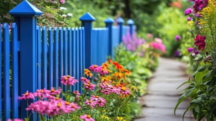Fototapeta premium A bleu aluminum fence running along a tranquil garden pathway, framed by blooming flowers and vibrant greenery.